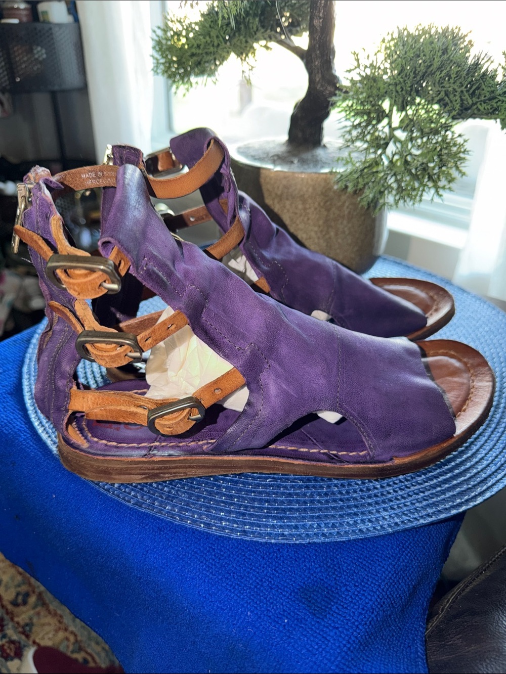 A.S.98 Purple Leather Open-Toe Ankle Strap Sandals with Brown Soles - Picture 3 of 5